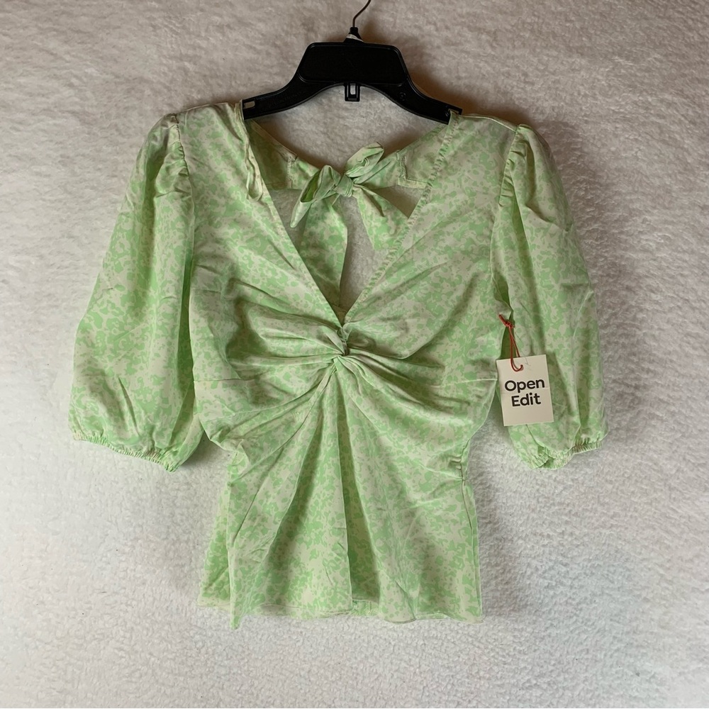 Open Edit Top Twist Front Tie Back Green White Womens Size‎ XS NEW NWT 6040